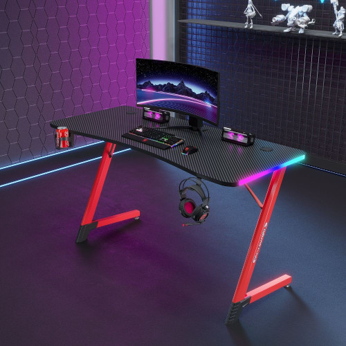 Γραφείο Gaming με φωτισμό RGB, υφή ανθρακονήματος και μεταλλικό σκελετό Μαύρο - Κόκκινο 140x60x74cm D2209-RED